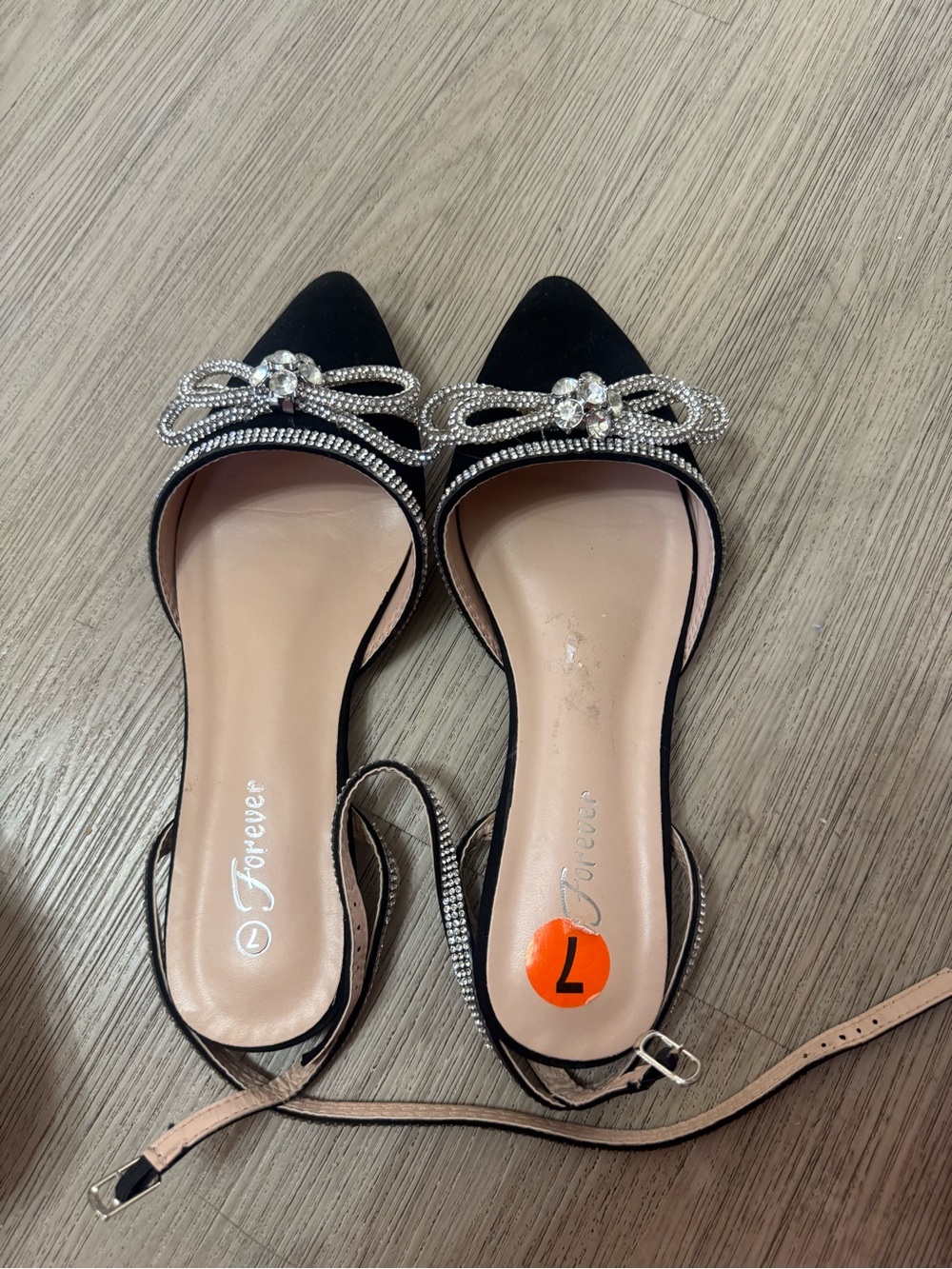 Forever 21 Black Pointed Toe Crystal Bow Flats